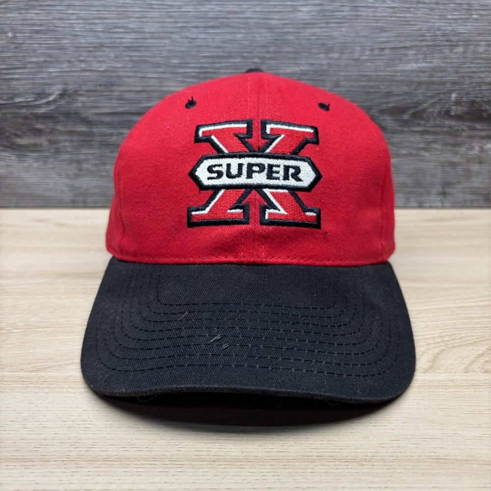 Vintage Super X Hat Cap Strap Back Mens One Size Red Black Embroidered
